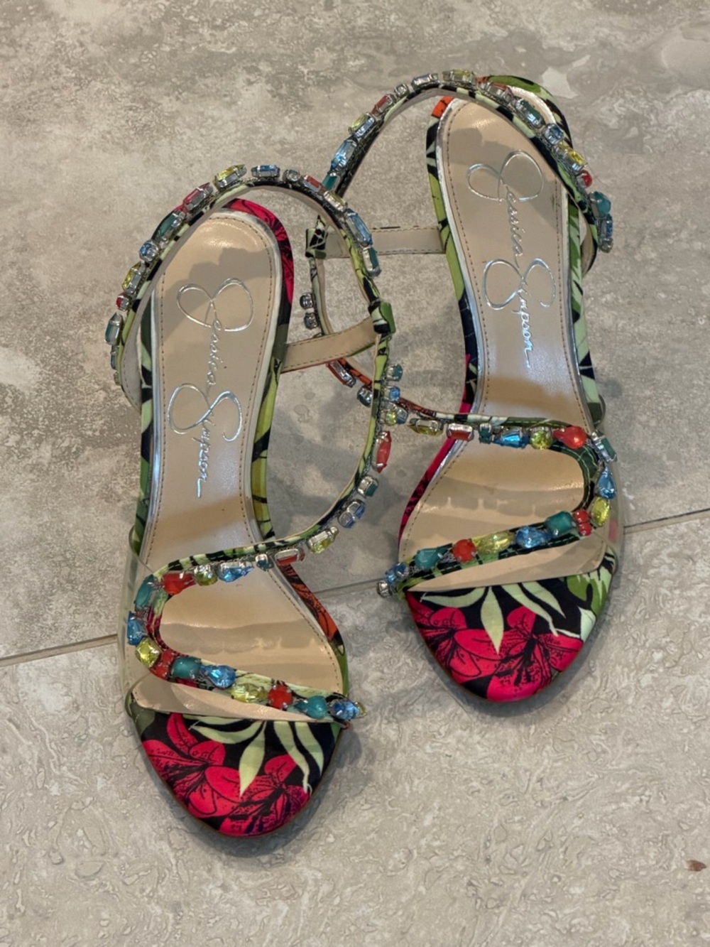 Jessica Simpson Floral Multicolor Jeweled Strappy High Heel Sandal - Picture 2 of 6
